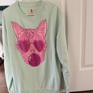 Simply Southern Light Moss Green Sweater with Pink Cat Blowing Bubble Graphic- L